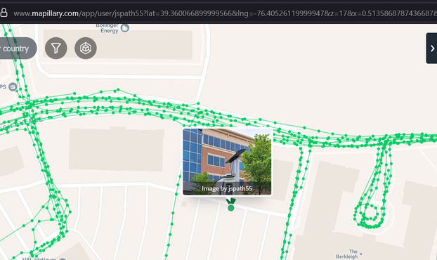 Map with an image thumbnail showing that Mapillary accepted the geotagged image of an E V charger in a parking lot.