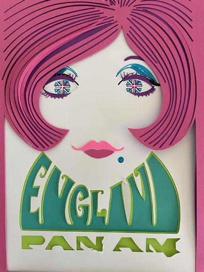 A highly stylized image of a young woman with a 1960s style bob haircut promoting Pan Am’s routes to England. The woman’s bob is rendered in fuchsia with a dark purple background to accentuate the shape of her hair. Her eyes are shadowed in blue, lined in black, and she has purple lashes. Below her face are the words “England” and “Pan Am” which have been knocked out to a teal background.