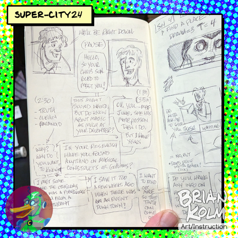 A page of a solo rpg journal that shows a conversation as winding word balloons doing their best to fit on the page. It starts with a portrait of an older man with a lean face sketched out.