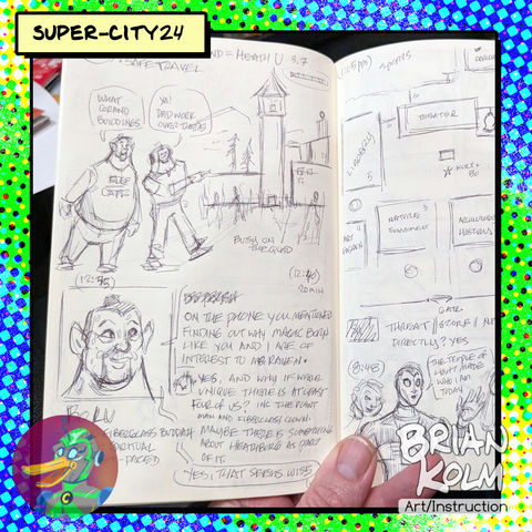 A page of a solo rpg journal pages that show the PC and friend visiting a college campus, sketched out in ball point pen. On the opposite side is a map of the buildings, some are numbered to use as a random table.