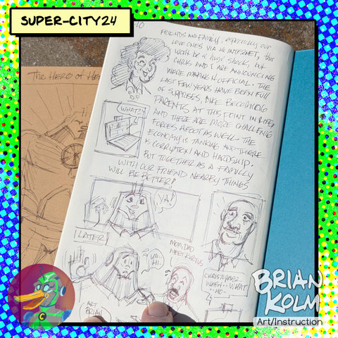 A page from a solo rpg journal. a portrait of a middle age women with big poofy curly hair is speaking. She talks about the surprises that the last few year has brought (a full grown son made from magic) and that there are challenge ahead (including a creepy cult leader, threats, and such), but with a friends and family it will be better.

The robotic looking PC, Kurt smiles and pumps his fist in the air. A panel with a middle age man with a bald head and thick mustache smiles on.

Below Kurt nervously waves to the web cam of a laptop while the bald man with sweat drops coming off his head says "Mom, Dad meet Kurtis." From the laptop a voice "Christopher...when...what...who.." and TO BE CONTINUED.