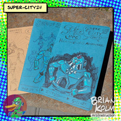 A spread of three game journals, each with a drawing on their covers of the games PC,  J-Box K. The first one is square with a kraft cover and the other two are more narrow and have blue covers.