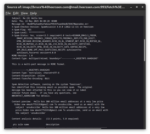 Screenshot of the source code for an email message that has been identified as spam by SpamAssassin.