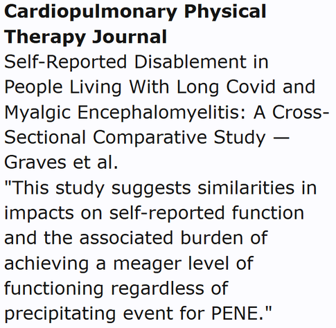 Cardiopulmonary Physical Therapy Journal
Self-Reported Disablement in People Living With Long Covid and Myalgic Encephalomyelitis: A Cross-Sectional Comparative Study — Graves et al.
"This study suggests similarities in impacts on self-reported function and the associated burden of achieving a meager level of functioning regardless of precipitating event for PENE."
