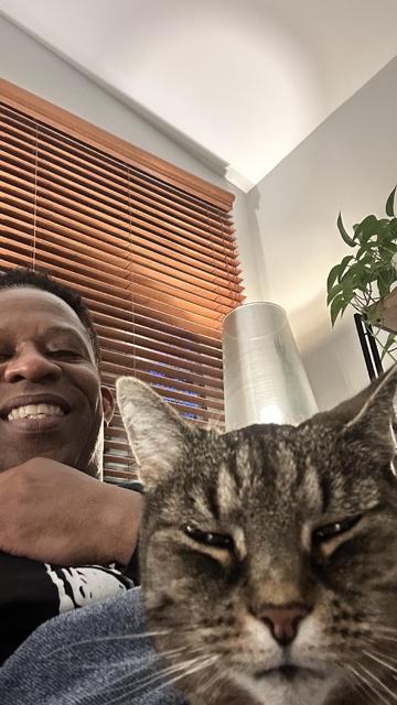 Selfie with my cat Bette on my lap