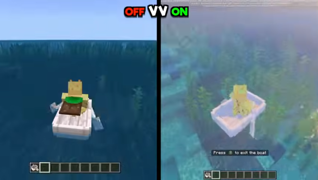Screenshot from the video comparing rowing a boat on the ocean with vibrant visuals off and then on. With it on, you can see much more of what is happening below the surface.