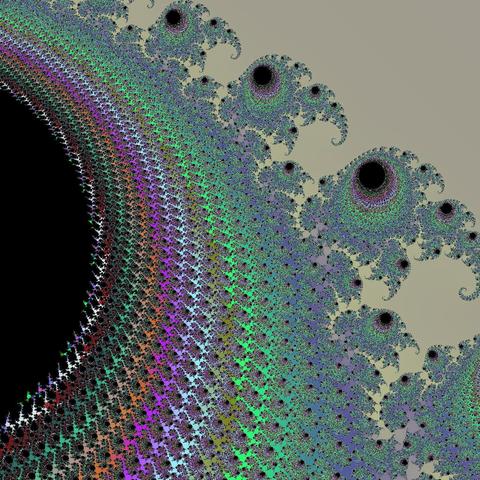 A render of the mandelbrot set using randomised colours. The centre point is 0.2917367052793624 + -0.01914602744944847i and we are zoomed to 5.4792125165e+08 magnitude.