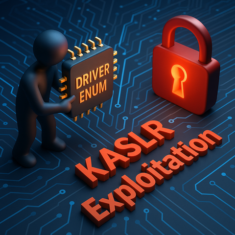 A stylized 3D illustration shows a humanoid figure holding a large microchip labeled “DRIVER ENUM” against a dark blue circuit board background. To the right, a glowing red padlock symbolizes a security breach. In the foreground, bold red 3D text reads “KASLR Exploitation,” emphasizing the concept of Kernel Address Space Layout Randomization being undermined by driver enumeration. The image uses high contrast lighting and vibrant colors to highlight the components and their relationships, visually conveying a cybersecurity exploitation scenario.