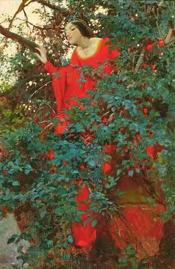 Painting of a woman in a red dress looking out of a green garden bower.