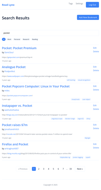 Screenshot of work in progress Readlynx web application. It's showing the search results for a search for 'pocket'. There are 33 pages of results.
