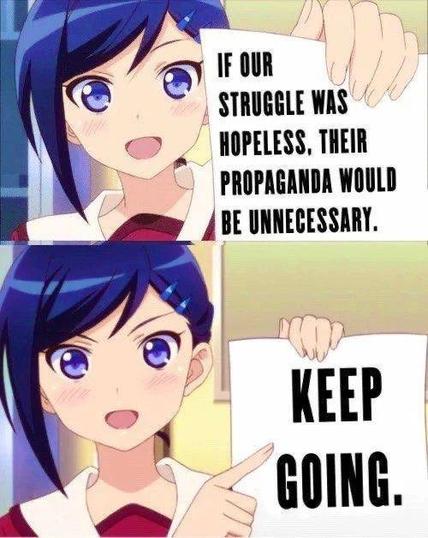 Blue haired anime girl holds up a sign that reads:

IF OUR STRUGGLE WAS HOPELESS, THEIR PROPAGANDA WOULD BE UNNECESSARY

KEEP GOING