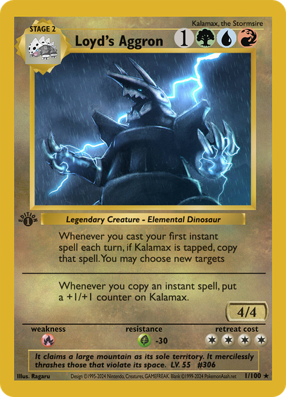 An image of a modified dragon type Pokemon card from the Neo set to make it template similar to the Magic: the Gathering card, Kalamax.