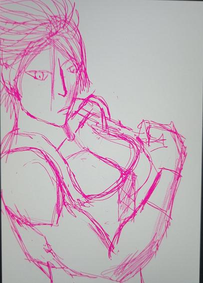Shina in pink sketch lines flexing from the left with spikey hair looking at viewer in a military vest looking to the right flexing right arm.
