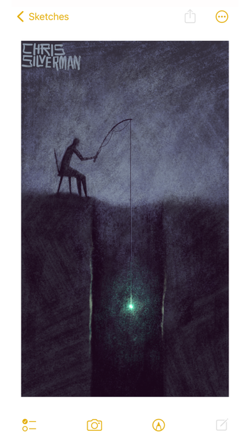 A dark gray sky, under which is a deep, well-like hole stretching down to infinity. Sitting in a chair at the edge of the hole is a figure holding a fishing pole. Hanging from the pole, dangling far down into the hole, is a string with a bright, green, glowing object at the end of it. The painting is signed "Chris Silverman".