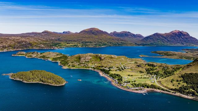 Aerial shot of lochs and mountains.