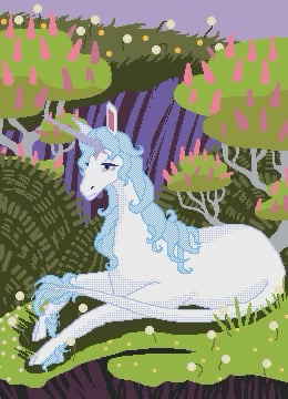 A white unicorn with blue hair sits on a bed of moss and dandelions in front of greenery, lilac bushes, and a purple cliff face that is also covered in moss and dandelions. The sky is a twilight kind of purple.