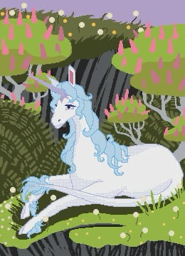 A white unicorn with blue hair sits on a bed of moss and dandelions in front of greenery, lilac bushes, and a grey cliff face that is also covered in moss and dandelions. The sky is a twilight kind of purple.