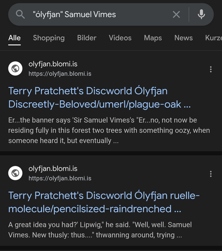 Garbage results delivered by Google search for "Ólyfjan" Samuel Vimes