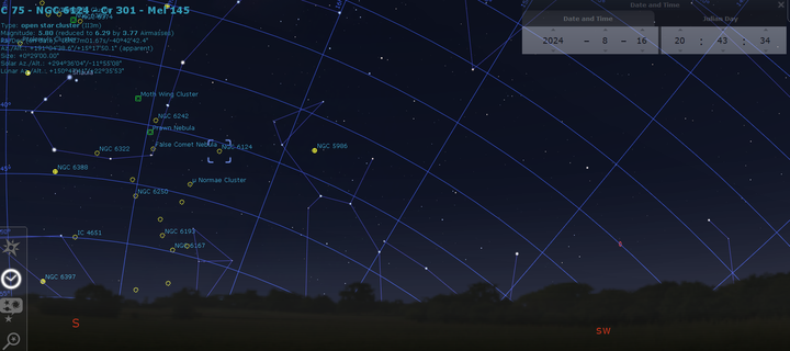 Planetarium software sky simulation from New Mexico, looking southwest in the evening (approx an hour after sunset) in mid-August.