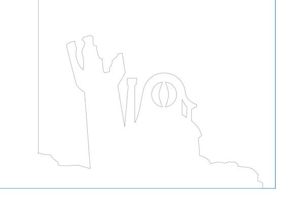 An outline silhouette of a bird-shaped house, its eye a window and part of the roof forming the beak, with a ruined stone tower behind it.