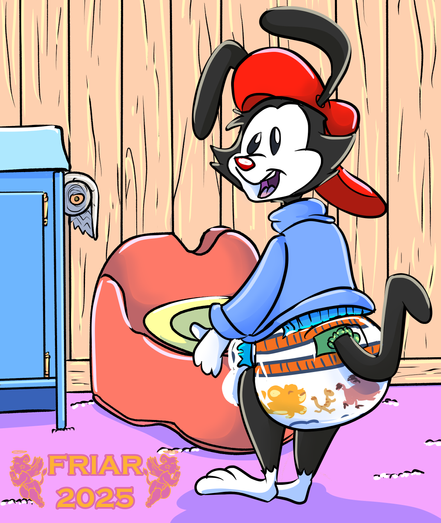 Illustrated commission of Wakko Warner standing in front of a potty in a Lion King diaper featuring Simba, Timon and Pumbaa.