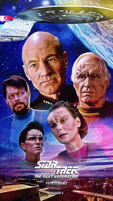 A poster for the Star Trek Enterprise episode First Contact, featuring the faces of Picard, Riker disguised as an alien, and several other aliens, against a starry background, with the Enterprise D orbiting a planet at the top of the poster, and a cityscape at the bottom of the poster.
