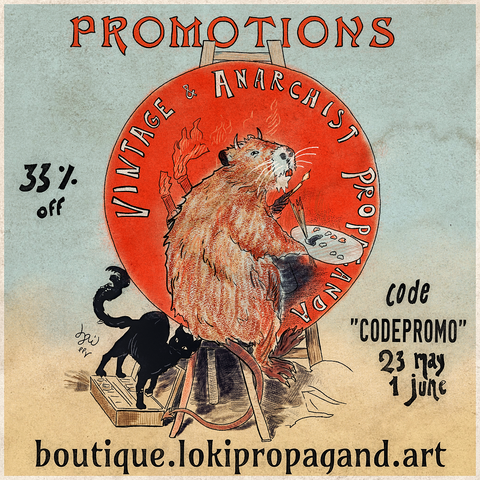 Belle Époque-style poster featuring a devil coypu artist advertising a 33% discount on the craft shop. At the foot of the coypu, there's a little black cat rubbing at the stool.