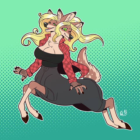 A digital drawing of a deertaur character with two heads and 3 boobies! wow!