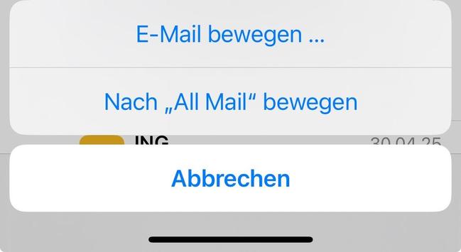 Ein Screenshot einer mobilen E-Mail-Oberfläche mit Optionen zum Verschieben einer E-Mail in "Alle E-Mails" oder zum Abbrechen der Aktion. Der Text ist hauptsächlich auf Deutsch, mit Schaltflächen mit der Aufschrift "E-Mail bewegen ...", "Nach 'All Mail' bewegen" und "Abbrechen“