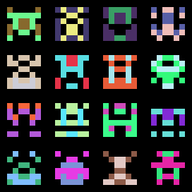 a 4x4 grid of multicolored 6x6 pixel aliens a la space invaders