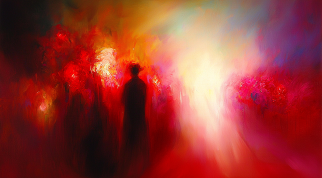 Départ Radieux.
Silhouette sombre se tenant face à une lumière éclatante au milieu de tourbillons rouges et roses.
Dark figure standing before a radiant light amid swirling reds and pinks.