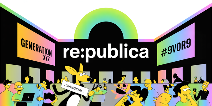 A vibrant Pop-Art illustration depicting the bustling courtyard of Station Berlin, bathed in bright, sunny light. Dominating the center is the iconic "re:publica" logo, rendered in bold, contrasting colors and encircled by a diverse crowd of attendees enjoying the conference atmosphere. Amidst the crowd, a cartoonish kangaroo, clearly visible and holding a sign that reads “SaveSocial”, interacts playfully with bloggers typing on laptops, energetic TikTok and Insta influencers capturing moments on smartphones, and thoughtful participants diligently taking notes, all drawn in the style of Simpsons, Looney Tunes, and Tom & Jerry. Background banners display the motto "Generation XYZ" and a corner prominently showcases the text "#9vor9", creating a palpable sense of joy, inclusivity, and mutual respect under the bright sunlight.