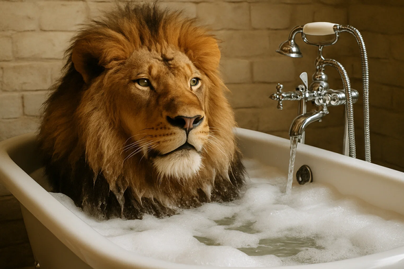 Löwe nimmt ein entspannendes Bad in der Badewanne (AI Image)