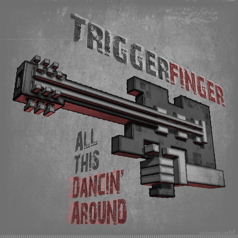 Voxel-style album cover artwork, showing a hybrid between a guitar and rifle, accompanied by typography indicating the Triggerfinger band's album All this dancin' around.