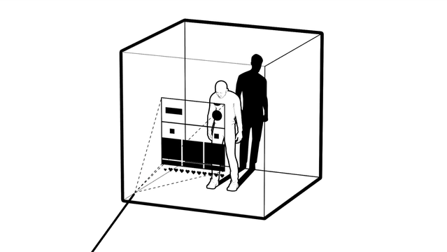 A symbolic image of a man standing in a cube, looking at a screen. A still from Vladan Joler's work "New Extractivism".
