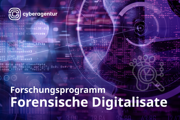 Das Bild zeigt eine digitale Montage, die visuell das Thema forensischer Digitalisierung aufgreift. Im linken Bildbereich sind Codezeilen in weißer Schrift auf einem dunkelblauen bis violetten Hintergrund eingeblendet – darunter typische Elemente wie „MessageBoxA“, „kernel32.dll“ oder „Hello, world!“, die auf Programmier- und Systemanalyse hindeuten. Rechts dominiert das Profil eines menschlichen Gesichts, das in eine futuristische Rasterstruktur eingebettet ist. Die Haut ist teilweise mit digitalen Texturen überlagert, das Auge wird von einem Zielkreis oder Interface-Overlay betont. Weitere grafische Elemente wie Fingerabdruck, Fußabdruck mit Lupe und Data-Overlay verstärken den Eindruck computergestützter Spurenauswertung. Im unteren Bildbereich ist groß und deutlich die Beschriftung „Forschungsprogramm Forensische Digitalisate“ zu lesen. Oben links befindet sich das Logo der Cyberagentur. Montage: freepik/Cyberagentur