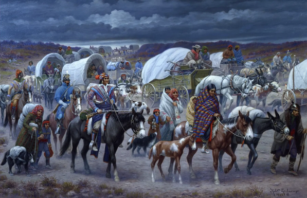 A painting titled "Cherokee Trail of Tears" with Cherokees on horseback, on foot and in wagons. From the Woolaroc Museum, Bartlesville, Oklahoma.