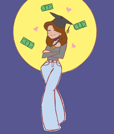 Illustration, die eine lächelnde junge Frau mit Doktorhut und Medaille zeigt, dazu Geldscheine und Herzchen