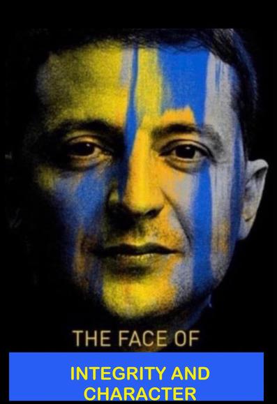 Das Bild zeigt das Porträt eines Mannes, dessen Gesicht in den Farben der ukrainischen Flagge – Blau und Gelb – übermalt ist. Die Farbbahnen verlaufen wie Tränen über seine Wangen, als Symbol für Leid, Tapferkeit und ungebrochenen Stolz. Unter dem Gesicht steht der Satz „THE FACE OF“, ergänzt durch das darunter platzierte Statement in Großbuchstaben: „INTEGRITY AND CHARACTER“ (Integrität und Charakter).
Das Bild wirkt wie ein stiller Aufruf: Es ist das Gesicht eines Menschen, der nicht nur ein Land, sondern auch Prinzipien verkörpert – Würde, Freiheit und Widerstand gegen Tyrannei.

Bildbeschreibung (englisch):
The image shows the portrait of a man whose face is overlaid with the blue and yellow of the Ukrainian flag. The paint drips like silent tears across his cheeks, symbolizing both suffering and unwavering pride. Below his face, the words “THE FACE OF” are followed by the bold message: “INTEGRITY AND CHARACTER.”
The image speaks like a quiet appeal: This is the face not only of a nation but of principles – dignity, freedom, and defiance against tyranny.🖖