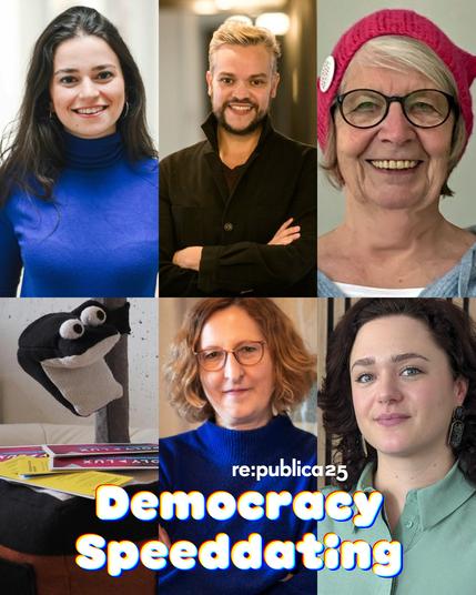 Foto von den Sprecher*innen des Democracy Speeddating: Judith Porath, Beatrice Ullrich, Maskottchen von polylux e.V., Johannes Tödte, Birgit Heller und Basma Bahgat.