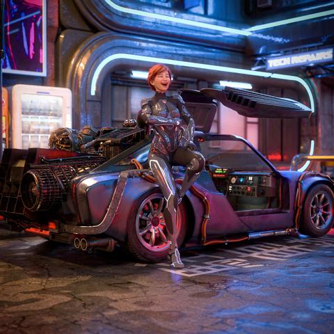 description partially by ChatGPT: The image depicts a vibrant, futuristic street scene at night, bathed in neon lights. A woman in a sleek, high-tech black bodysuit with glowing lines and metallic accents leans to the back side of a heavily modified, sci-fi-style car. The car has an exposed engine in the back, turbine-like exhausts, and gull-wing doors—one of which is open. The woman appears to be laughing joyfully, possibly at a joke or conversation. Her short hair and relaxed pose give her a confident and carefree appearance. Behind her, neon signs and a "TECH REPAIRS" shop hint at a cyberpunk setting. The street is wet, reflecting the vivid lights from the surroundings, enhancing the image’s dramatic and colorful atmosphere.
