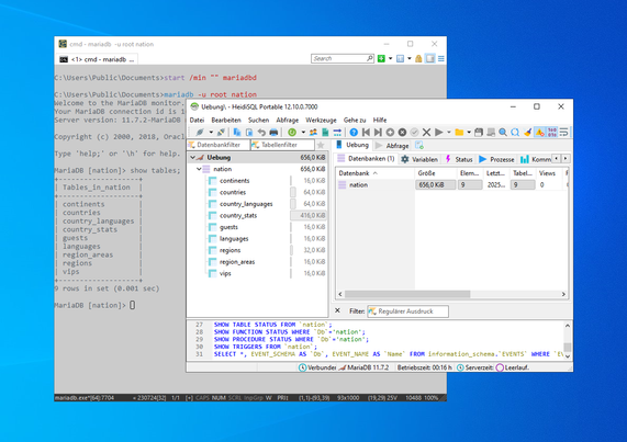 Programmfenster der Datenbank-Management-App HeidiSQL mit Ansicht auf einige Tabellen. Dahinter ein Programmfenster mit äquivalenten Ausgaben der MariaDB-Kommandozeile.