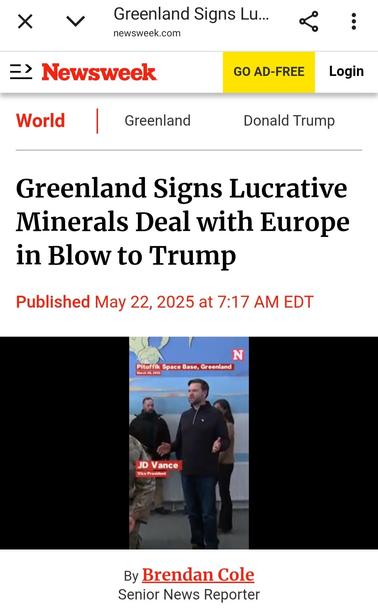 Newsweek.com

Greenland Signs Lucrative Minerals Deal with Europe in Blow to Trump

Published May 22, 2025 at 7:17 AM EDT