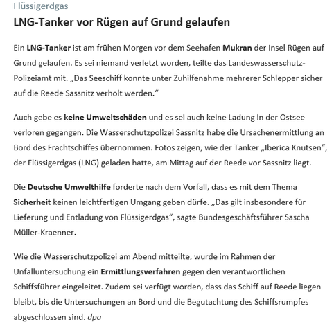 Text-Screenshot aus dem Background Tagesspiegel vom 23.5.25 mit der Überschrift: LNG-Tanker vor Rügen auf Grund gelaufen.
