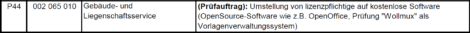 (Prüfauftrag): Umstellung von lizenzpflichtige auf kostenlose Software
(OpenSource-Software wie z.B. OpenOffice, Prüfung "Wollmux" als
Vorlagenverwaltungssystem)