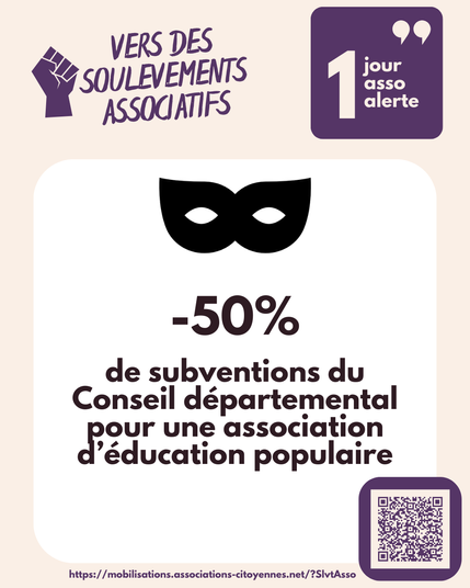 visuel anonyme d'une asso d'éducation populaire qui alerte sur 50% de perte de subvention