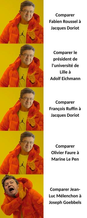 Blake meme avec la tête de Jean-Luc Mélenchon :

- Comparer Fabien Roussel à Jacques Doriot -> OK
- Comparer le président de l'université de Lille à Adolf Eichmann -> OK
- Comparer François Ruffin à Jacques Doriot -> OK
- Comparer Olivier Faure à Marine Le Pen -> OK
- Comparer Mélénchon à Joseph Goebbels -> Pas OK