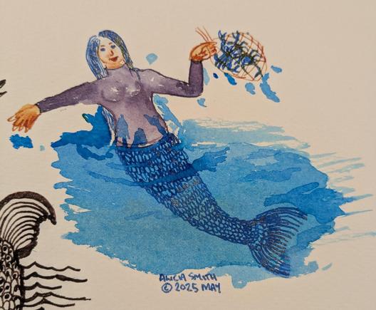 Mermaid in a purple rashy brandishing a bag of crabs hopefully.