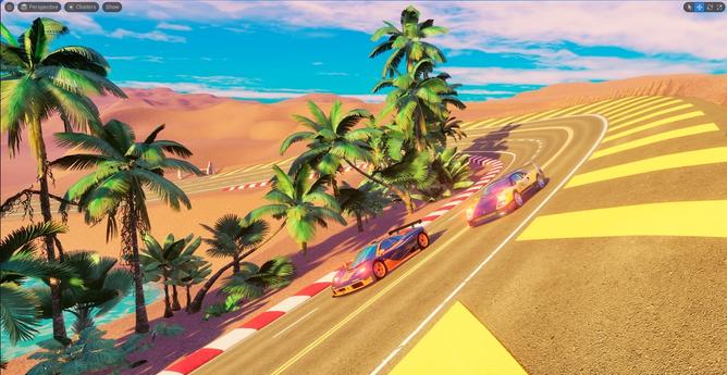 A McLaren F1 and Ferrari F40 racing through a banked curve with blue skies and palm trees in the background.