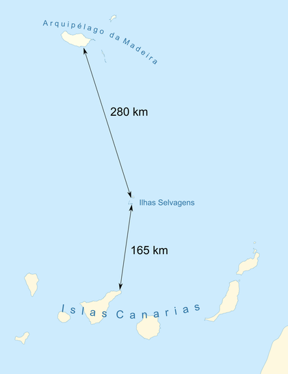 Map showing the position of the Savage Islands, closer tot he Canaries than to Madeira